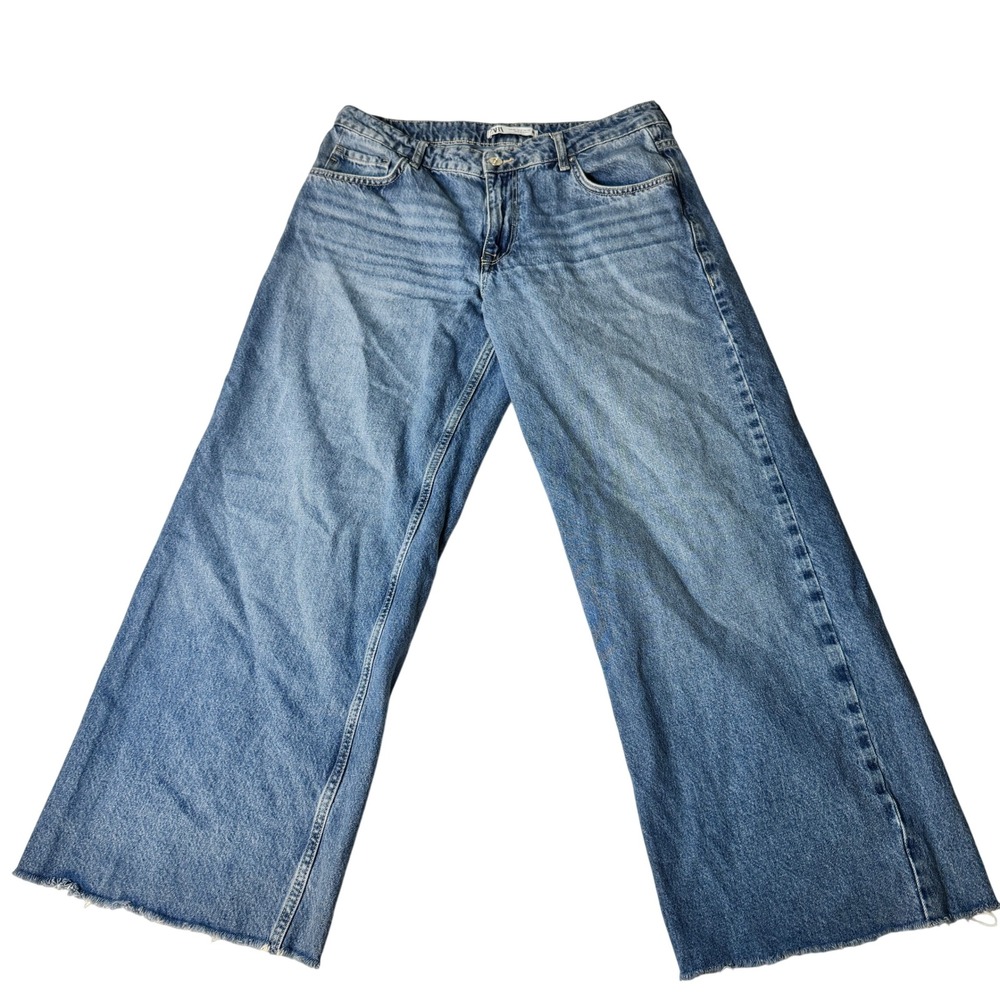 Zara Womens Wide Leg Jeans Medium Blue High Rise Raw Hem Size 8 6045/025